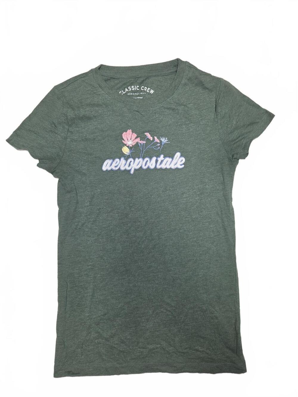 Aeropostale Classic Crew Green Floral Graphic T-Shirt Womens Size S